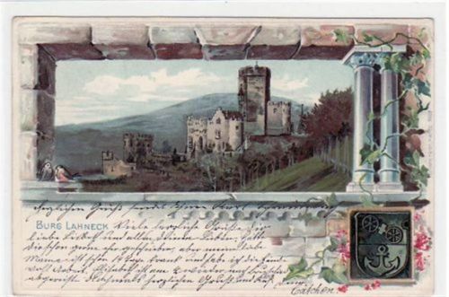 Burg Lahneck, Präge Lithographie gelaufen von 1905. Gute Erhaltung.