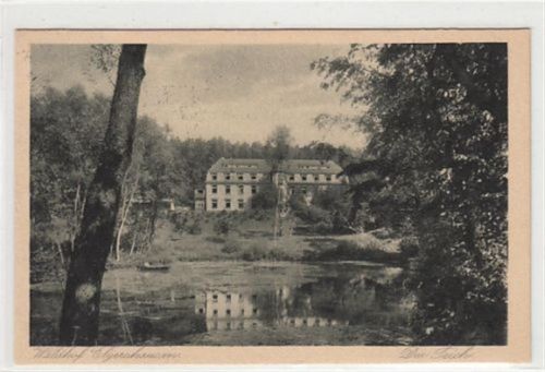 Waldhof Engershausen. Abgebildet eine Partie mit Teich gelaufen, 1938. Rückseitiger Stempel: Waldhof Engershausen über Wetzlar. Gute Erhaltung.