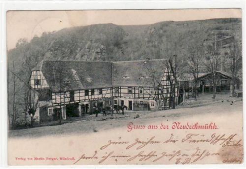 Gruss aus der Neudeckmühle gelaufen von 1899. Leichter Stempeldurchdruck, leicht fleckig, sonst gut erhalten.