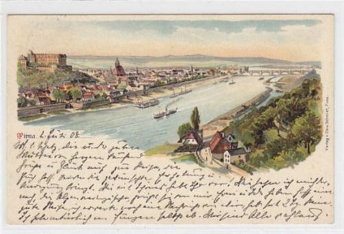 Pirna Lithographie Gesamtansicht von Pirna an der Elbe gelaufen am 2.7.1908. Gute Erhaltung.