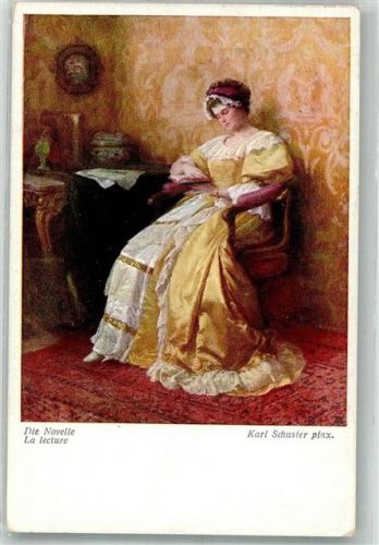 1915 sign. Schuster, Karl Lesende junge Frau im eleganten Kleid Mode B.K.W.I. Nr. 1669