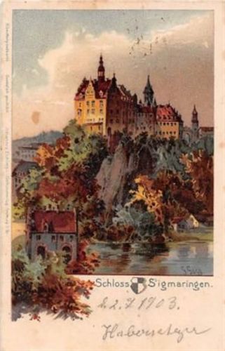 Sigmaringen, Lithographie. Schloss gelaufen. Leichte Stempelspuren, leicht stockfleckig, sonst gut erhalten