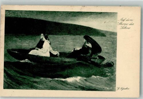 1918 sign. Tyrahn Liebespaar in einem Boot mit einer schwarz gekleideten Frau an Bord Verlag Hermann A. Wiechmann Nr. 714