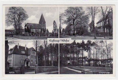 Eytrup a.d. Weser, 4 Abbildungen mit Kirche, Pfarrhaus u. Schule gelaufen, 1960 kleiner Knick unten in der Mitte und links, sonst gut erhalten