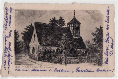 Berlin Wilmersdorf, Schmargendorf, Künstlerkarte mit Kirche gelaufen von 1953. Gute Erhaltung.
