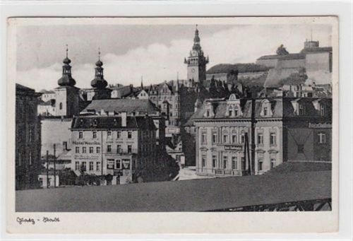 Glatz Glatz / Klodzko. Teilansicht Hotel Weisses Ross Hotel Stadtbahnhof gelaufen 1936. Vorder- und Rückseite leicht fleckig, sonst gut erhalten