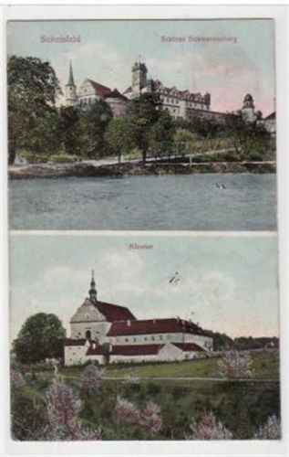 Scheinfeld mit Schloss Schwarzenberg und Kloster gelaufen, Marke entfernt kleiner Knick unten links, Ecken mit Albumabdrücken, leicht fleckig, sonst gut erhalten