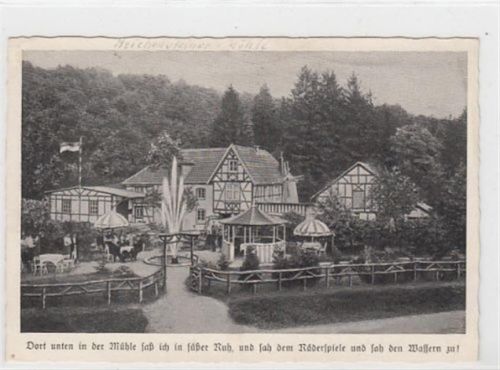 Much. Café-Gartenrestaurant Reichensteiner Mühle ungelaufen kleiner Knick oben links, unten rechts und am Rand oben in der Mitte, sonst gut erhalten
