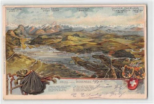 Lithographie Gruss vom Bodensee. Gebirge gelaufen. Marke entfernt, Abrißspuren. Gute Erhaltung.
