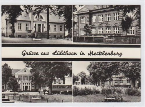 Grüsse aus Lübtheen in Mecklenburg. Postamt Rathaus Schulhort Kirchplatz gelaufen 1963. Gute Erhaltung.