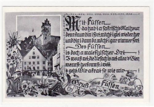 Ansichtskarte. Gruß aus Füssen im Allgäu. Teilansicht Schoß im Hintergrund Gedicht ungelaufen Top Erhaltung.