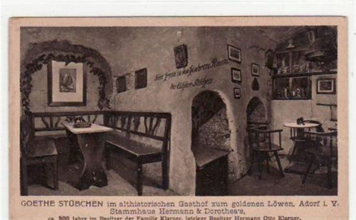 Adorf Adorf mit Goethe Stübchen im Gasthof zum goldenen Löwen ungelaufen kleiner Knick unten rechts und links, kleiner Knick am rechten Rand in der Mitte, leicht fleckig, sonst gut erhalten