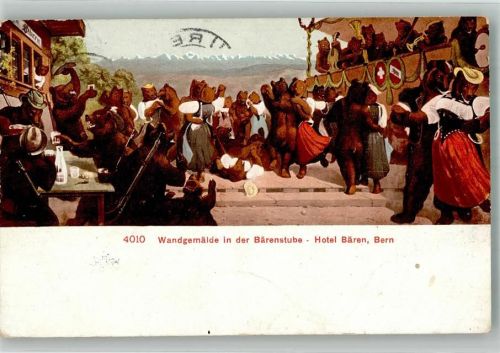 Bern 1911 Tanzende Bären Wandgemälde im Hotel Bären Tiere vermenschlicht Künstlerkarte Edition Photoglob 4010