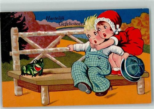Hartelijjk Gefeliciteerd Kinder auf einer Bank O Schreck! Frosch 1935 Künstlerkarte