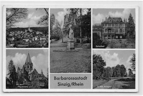 Sinzig am Rhein mit Zehnthof und Pfarrkirche gelaufen. Leichter Stempeldurchdruck, leichter Bug unten links, sonst gut erhalten
