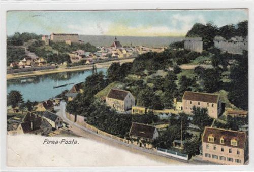 Pirna Pirna - Posta. Gesamtansicht gelaufen, 1907. Unten links kleine Knicke, kleine Abschürfung am Eck unten rechts, leichter Stempeldurchdruck, sonst gut erhalten