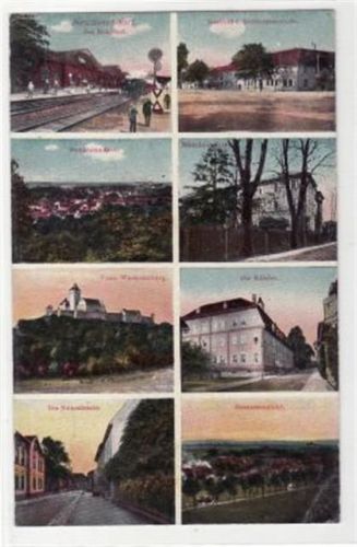 Neudietendorf Neudietendorf mit Bahnhof, Gasthof d. Brüdergemeinde, Mädchenanstalt, Veste Wachsenburg, Kirche, Neuestrasse und Gesamtansicht ungelaufen Leicht fleckig, sonst gut erhalten.