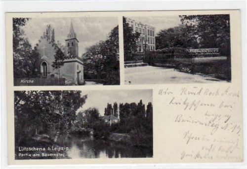 Lützschena mit Kirche Partie am Bauernsteg und Schloß gelaufen von 1934. Gute Erhaltung.