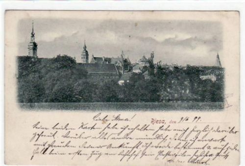 Riesa Riesa mit Teilansicht gelaufen von 1899 kleiner Knick unten links, leicht fleckig, sonst gut erhalten.