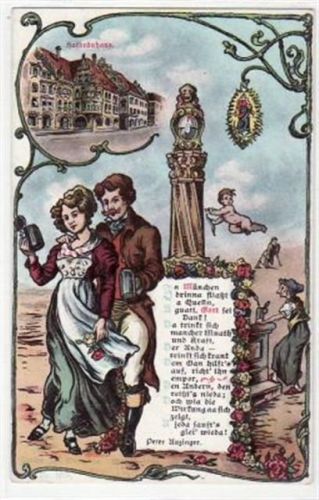 München München , Lithographie mit Hofbräuhaus und Spruch ungelaufen Gute Erhaltung.
