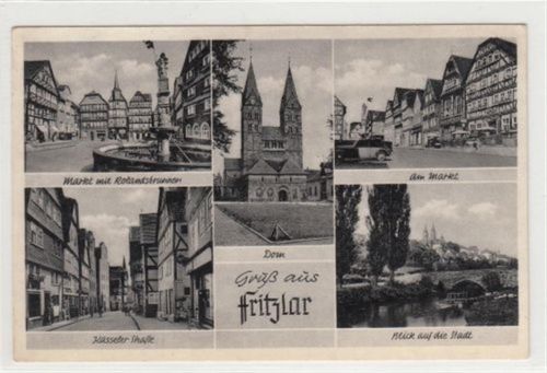 Fritzlar Fritzlar. Markt Rolandsbrunnen Dom, ein Blick auf die Stadt Kasseler Straße gelaufen, 1956. Marke entfernt, Abrissspuren. Leichter Stempeldurchdruck, sonst gut erhalten