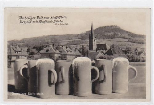 Gruss aus Staffelstein mit Teilansicht und Bierkrüge gelaufen. Rückseite leicht stockfleckig, sonst gut erhalten