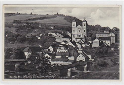 Wartha Wartha Bez. Breslau - Bardo / Kreis Frankenstein - Zabkowice Slaskie mit Rosenkranzberg gelaufen 1938. Vorder- und Rückseite leicht fleckig, sonst gut erhalten