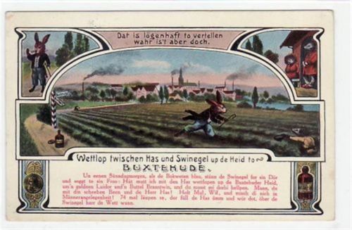 Buxtehude Buxtehude Wettlop twischen Has u. Swinegel up de Heid, 3 Abbildungen gelaufen, 1914. leichte Abschürfungen, leicht fleckig, sonst gut erhalten