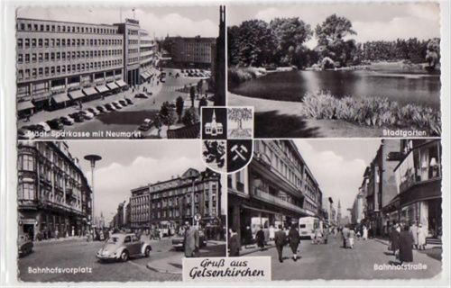 Gelsenkirchen, 4 Abbildungen mit Bahnhofsvorplatz gelaufen, mit Marke und Stempel von 1960. Gute Erhaltung.