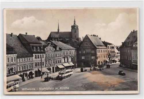 Mittweida Mittweida. Marktplatz mit Kirche und alten Bus gelaufen. Leichter Stempeldurchdruck, leicht fleckig, sonst gut erhalten
