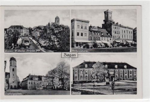 Sagan / Zagan - Kreis Sprottau / Szprotawa. Kaiser-Wilhelm-Brücke Rathausturm Ludwigsplatz Schloß gelaufen 1943. Gute Erhaltung.