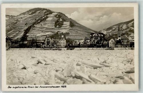 65385 W6220 Assmannshausen - Der zugefrorene Rhein 1929 Schnee Winter Kirche