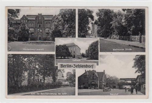 Berlin-Zehlendorf mit Bahnhof, Hindenburg Lazarett, Rathaus, Amt für Berufserziehung der DAF und Machnower Straße gelaufen, 1943. leichte Abschürfungen, kleiner Knick unten links, leicht fleckig, sonst gut erhalten