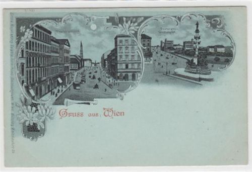 Wien, Mondschein Lithographie. Praterstrasse Praterstern mit Nordbahnhof. ungelaufen rückseitiges Datum von 1898. Gute Erhaltung.
