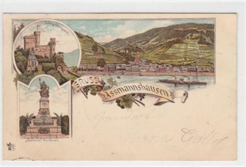 Assmannshausen Assmannshausen, Lithographie mit Schloss Rheinstein, National-Denkmal gelaufen, 1904. Gute Erhaltung.