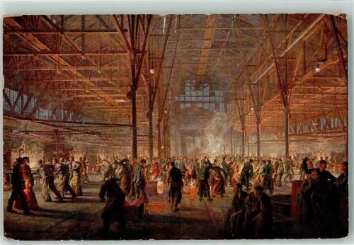 W4300 Essen , Ruhr Gußstahlfabrik Tiegelguß im Schmelzbau Industrie Beruf Stahlbau Künstlerkarte