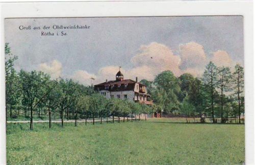 Borna Rötha i. S. mit Blick auf die Obstweinschänke gelaufen, Marke entfernt, handschriftliches Datum von 1927. Leichte Abschürfung Rückseite, wo die Marke war, sonst gut erhalten.
