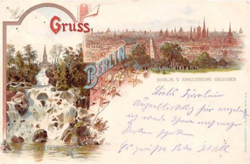Berlin Kreuzberg, Lithographie. Totale Wasserfall im Victoria Park gelaufen. Ecken mit Albumabdrücken, sonst gut erhalten