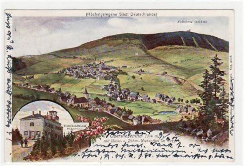 O9312 - Oberwiesenthal mit Totale und Unterkunftshaus am Fichtelberg gelaufen von 1902. Gute Erhaltung.