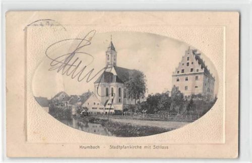 Passepartoutkarte Krumbach. Stadtpfarrkirche mit Schloss gelaufen. Leicht bügig, leicht fleckig, sonst gut erhalten
