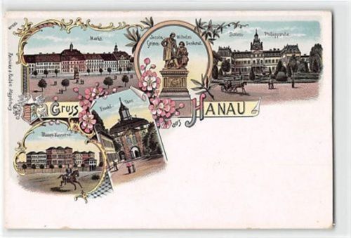Hanau Lithographie Hanau mit Ulanen-Kaserne und Markt ungelaufen leichte Abschürfungen, sonst gut erhalten