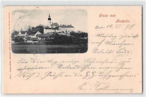 Andechs in Oberbayern. Teilansicht mit Kloster gelaufen. Leichter Stempeldurchdruck, Vorder- und Rückseite leicht fleckig, sonst gut erhalten