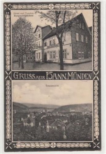 Hann Münden. Hotel und Pension Bergschlößchen Hann Münden. Feldpost, Stempel von 1917. Leicht fleckig, Ecken mit Albumabdrücken, sonst gut erhalten