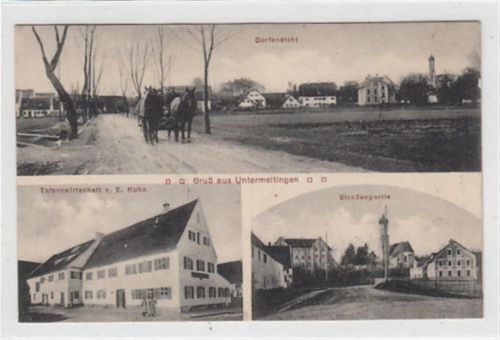 Untermeltingen. Tafernwirtschaft von E. Kuhn, eine Dorfansicht Straßenpartie gelaufen, 1914. leicht stockfleckig, sonst gut erhalten