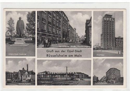 Rüsselsheim am Main mit Adam-Opel-Denkmal, Darmstädter Strasse, Fabrik-Eingang, Hochhaus, Bahnhofsplatz, Opel Bahnhof und Bahnhofstraße ungelaufen Gute Erhaltung.