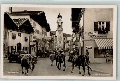 Mittenwald 1938 Emailleschild Maggi Werbung Kühe in der Straße Gemüseladen A. Hofmann Verlag Photo Huber Nr. 471 AK