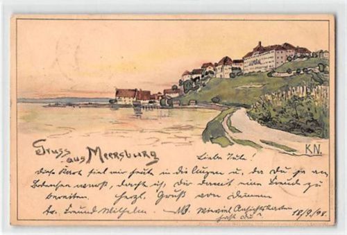 Künstlerkarte Meersburg am Bodensee. Teilansicht mit See gelaufen. Ecken mit Albumabdrücken, leichter Stempeldurchdruck, sonst gut erhalten