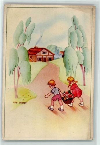 sign. Elie Lechat Kinder mit einem Korb Rosen AK