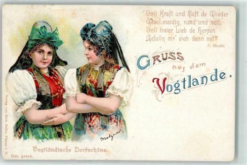 Gruss aus dem Vogtlande Dorfschöne AK Trachten Thüringen Lithographie