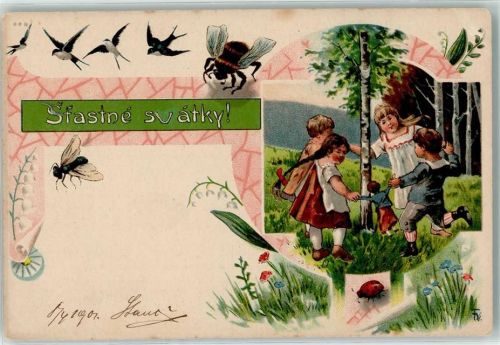 Pfingsten Schwalben Marienkäfer Ringelreihen Puppen Stastne svatky Biene 1900 Lithographie / Künstlerkarte